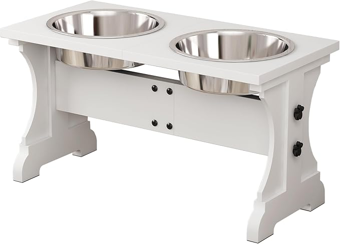 Piskyet Elevated Dog Bowls,Dog Bowl Stand, 7 Cups 11" H_55 oz Bowl-White | White Dog Bowls Stand, Raised Dog Bowl with 2 Stainless Steel Wooden Dogs Bowls for Medium Size Dogs
