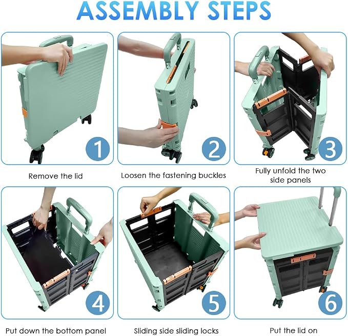 Foldable Utility Cart Portable Collapsible Crate Rolling Carts with Wheels Rolling Tote Basket Teacher Cart with Lid Wear-Resistant 360°Rotate Wheel Noiseless for Shopping Storage Office Use