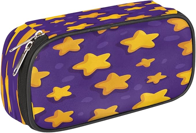 Pencil Cases Large Capacity Pen Pouch, Yellow Stars And Purple Pattern Pencil Box Organizer School Supplies for College Student Teen Adults
