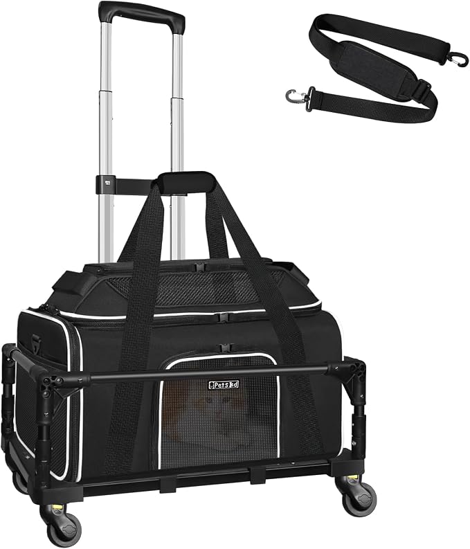 Top-Expandable Small Pet Carrier with Wheels Airline Approved | 17"x11"x9.5", for Alaska Airlines, Lockable Safety Zippers and Anti-Scratch Mesh, Pets Under 10 Lbs, Black
