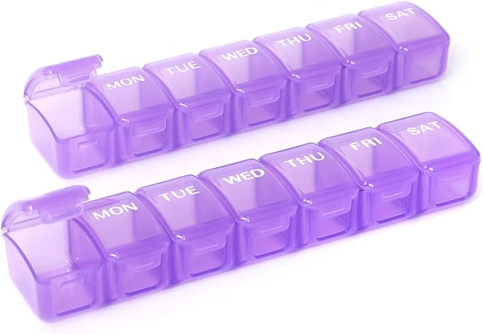 UHOUSE 2 Packs Weekly Pill Organizer 7 Day (Purple) | Pocket Daily Pill Case Pill Box for Pills/Vitamin/Fish Oil/Supplements