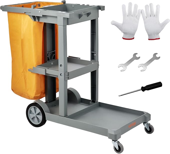 VEVOR Cleaning Cart, 3-Shelf Commercial Janitorial Cart, 200 lbs Capacity Plastic Housekeeping Cart, with 25 Gallon PVC Bag, 47" x 20" x 38.6", Yellow+Grey