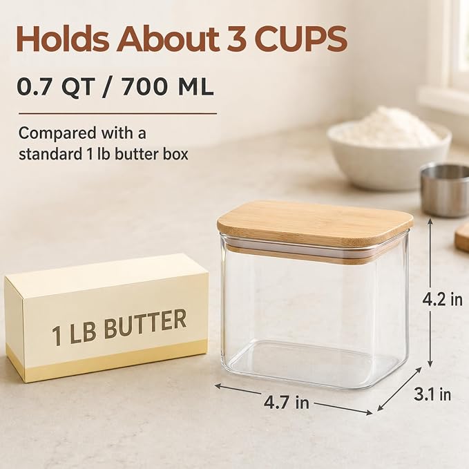 ComSaf Small Glass Containers with Lids 0.7 Qt, Set of 6 Glass Storage Jars | Rectangle Glass Pantry Storage Container, Kitchen Canister, Cookie, Snack Station Organization, Size For Subpackage, BPA Free