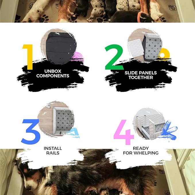 EZclassic Dog Whelping Box - Washable Pee Pad, Small 38"x38"x18" | Dog whelping box for small dogs features safety rails and liner with black pawprint design for easy cleaning and comfort