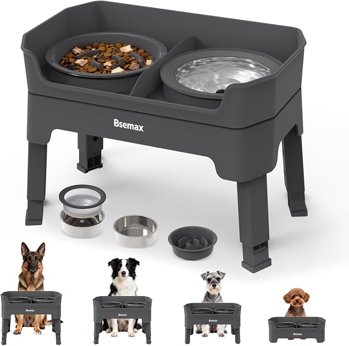 4 in 1 Adjustable Elevated Dog Bowls with 2*Stainless Steel Bowls, Anti-Spill Water Bowl, 4 Heights Raised Dog Bowl Stand for Small to Medium & Growing Large Puppies, Anti-Slip, Mess Proof Design