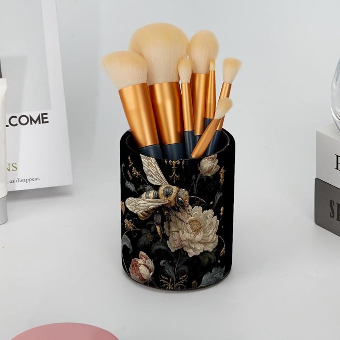 Faux Leather Pen Holder for Desk, Pencil Organizer Cute Bee Pen Cup Desk Decor Makeup Brush Holder Storage for Office Home