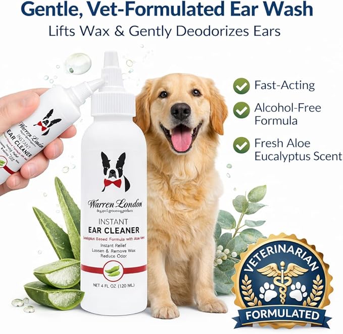 Warren London Ear Cleaner for Dogs & Cats 4 oz | Instant Aloe & Eucalyptus Ear Wash Solution – Cleans, Deodorizes, Soothes Itchy Ears, Prevents Wax & Odor | Puppy & Kitten Safe | Made in USA | 4oz