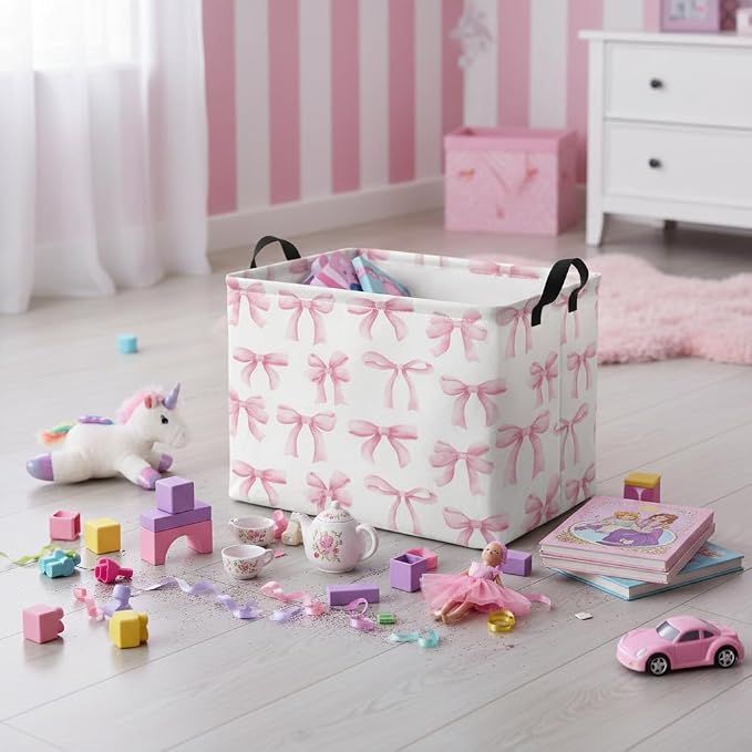 Rectangular Baby Kids Storage Basket for Home Kitchen Girls Cute Toy Storage Bin Organizer Shelf Book Room Decor(Bowknot)