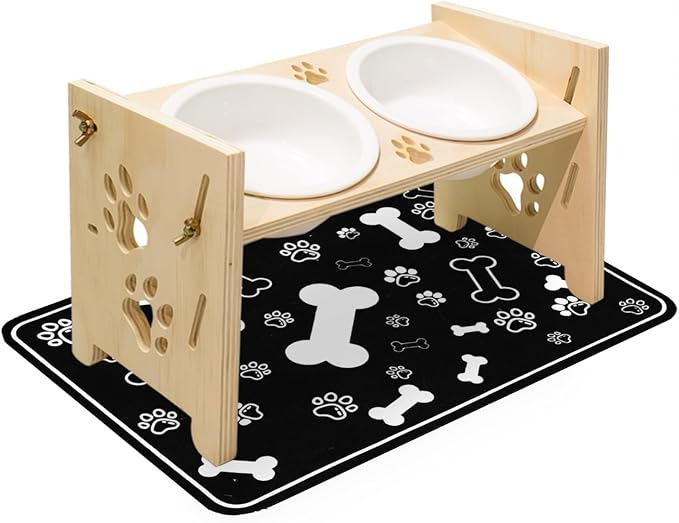 2026 New Elevated Cat Bowls with Food Mat, Adjustable Height & Angle Raised Cat & Dog Bowls Stand for Food and Water, Cat or Small Dog Feeding Station, 2 Ceramic Bowls for Cats and Puppy(Natural Wood)