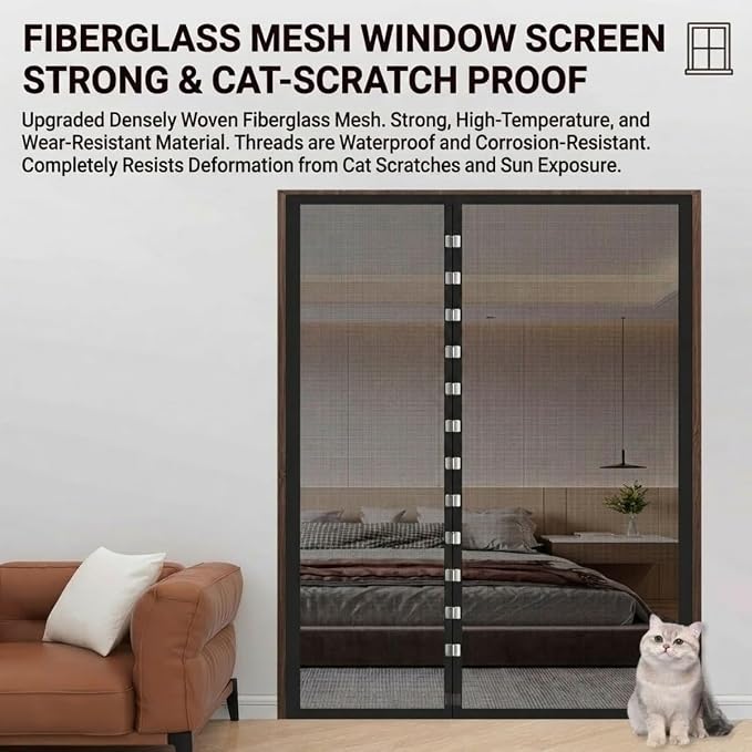 Magnetic Fiberglass Mesh Window Screen Washable, Hook and Loop Window Screen Magnetic Closure for Bedroom Kitchen Temporary, Keep Bugs Out Pet Protection Self-Adhesive Screen(White,31x57in)