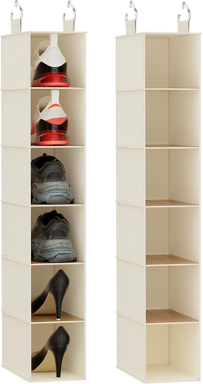 Hanging Closet Shelf Shoe Organizer Set of 2 with Woven Bamboo Shelves,11.5 x 31.5 x 5.5 in, 6-Tier Design for Space-Saving Storage,Beige