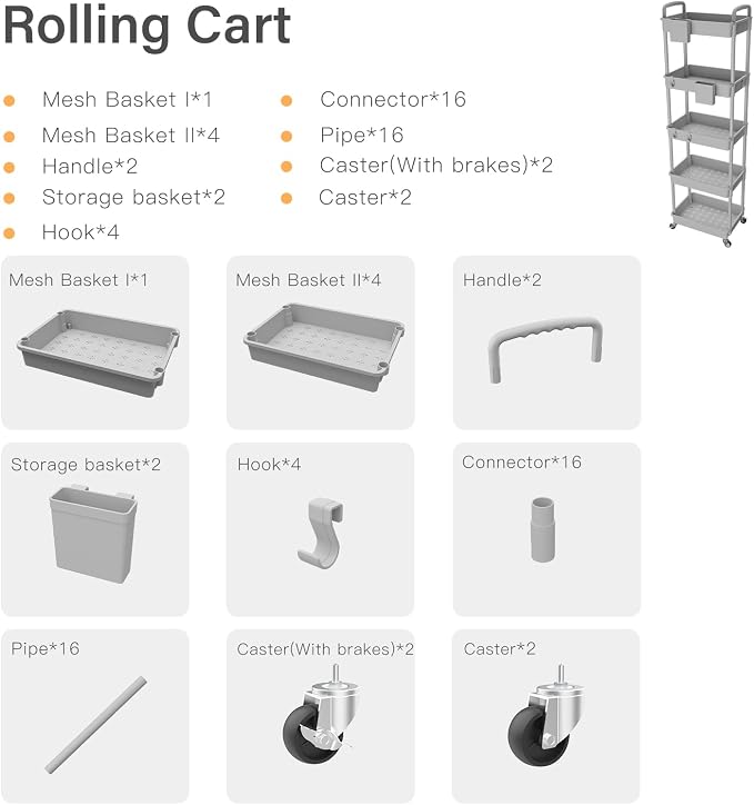 5 Tier Rolling Utility Cart with Handle,REBECAT Utility Cart Made of Multifunctional Storage Organizer Tool for Kitchen,Bathroom,Living Room,Office(Gray)