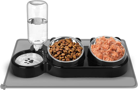 Cat Food and Water Bowl Set, Stainless Steel Raised Cat Bowls with Automatic Water Bottle & Waterproof Mat for Cats/Puppies, 3 in 1 Pet Feeding Station for Wet/Dry Food, Black