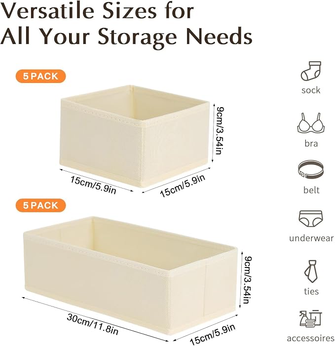 DIMJ Drawer Organizers Clothes, Set of 10 Dresser Organizer Bins, Fabric Closet Organizers and Storage, Shallow Drawer Dividers for Nursery, Clothing, Baby Clothes, Socks, Underwears, Tie (Beige)