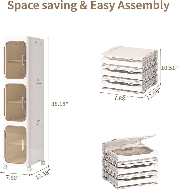 3 Tier Slim Bathroom Storage Cabinet, Foldable and Movable, Beige | Tools Free, ABS and PET, Magnetic Clear Door, Adjustable Shelves, Lockable Wheels, Water Resistant, For Narrow Space