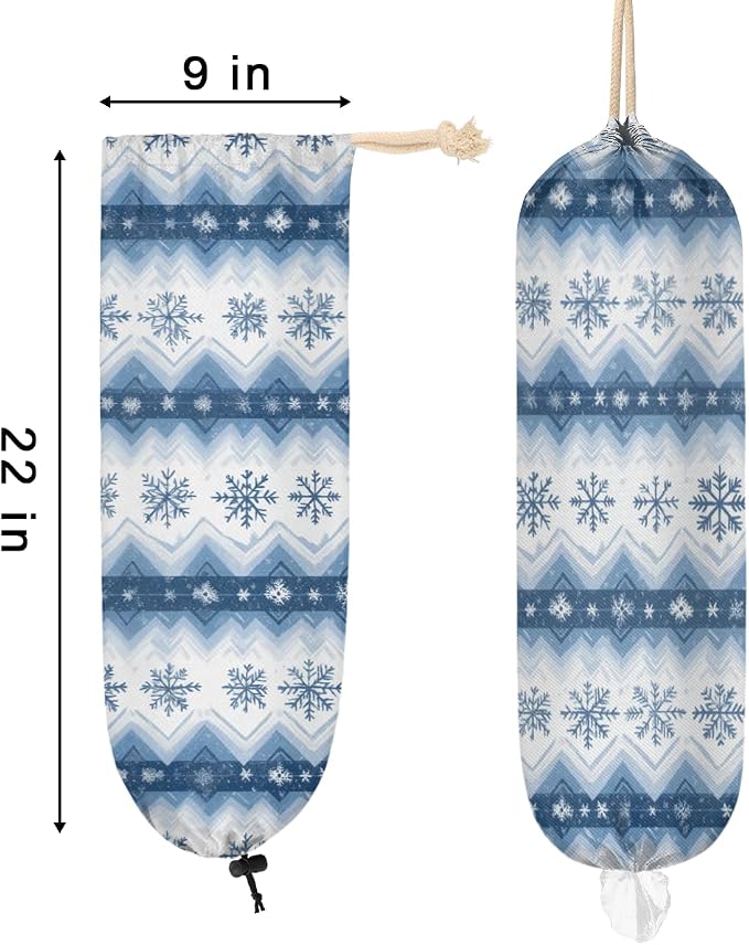 Winter Snowflake Plastic Bag Holder Blue Snow Grocery Bag Storage Dispenser Washable Hanging Shopping Bags Carrier Reusable Wall Mount Trash Bag Organizer for Kitchen Pantry