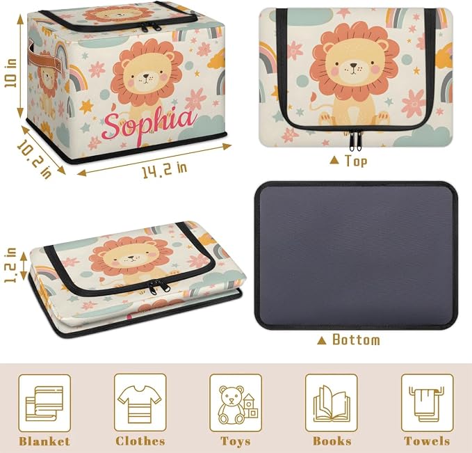Custom Cute Lion Storage-Bin With Zipper Lid for Kids-Girls-Boys-Baby-Pet,Personalized Name Foldable Storage Box with Handle,Baby Basket With Label for Bedroom Nursery Toy Clothes,Beige