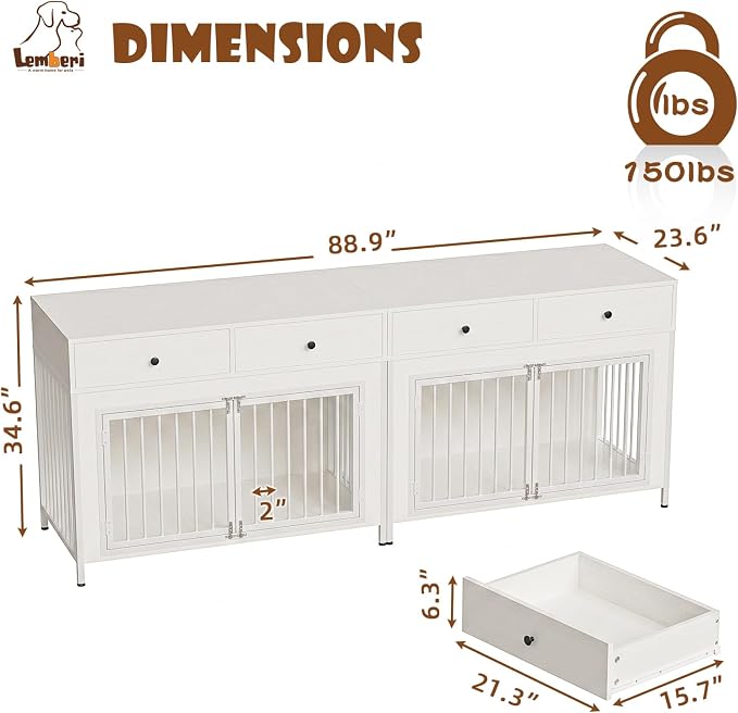 LEMBERI 44 Inch Large Dog Crate Furniture with Storage Drawers, Wooden Dog Kennel Furniture as TV Stand, Decorative Pet Cage Dog House Indoor for Dogs, White 2 Pack