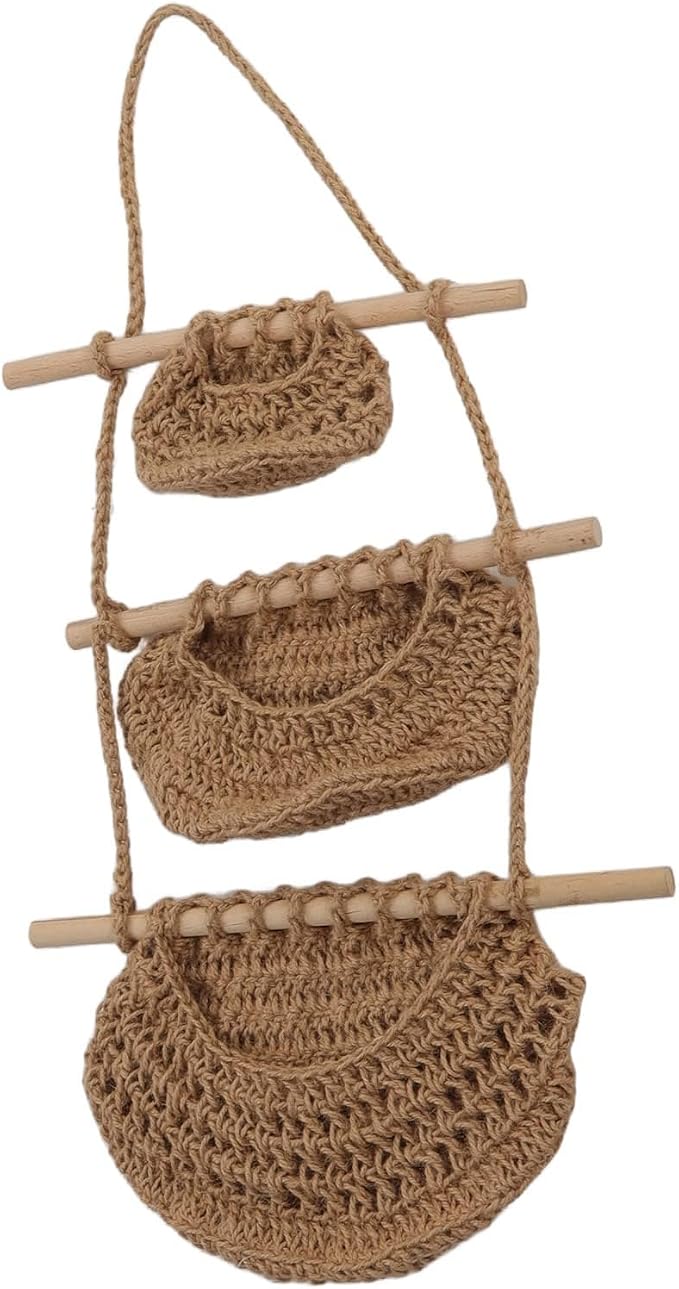 Handcrafted 3-Tier Hanging Wall Basket Made of Hemp Rope and Wood, Rustic Wall-Mounted Fruit and Plush Doll Organizer