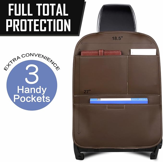 SUTSU Kick Mat Back Seat Protector， Waterproof Leather Car Seat Back Organizers Cover with 3 Storage Pockets for Kids Pets SUV Sedan Minivan Truck Car Travel Accessories (Coffee 2-pack)
