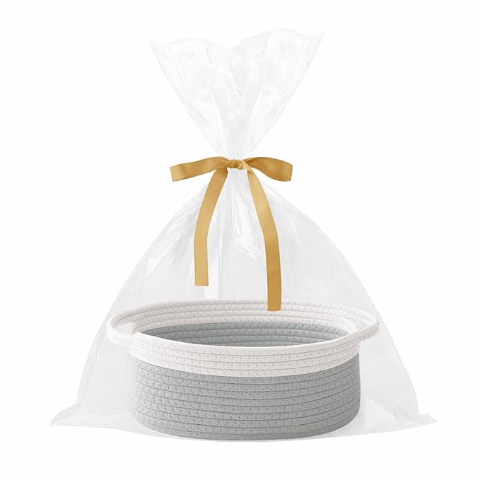 Grey Small Woven Rope Basket with Handles | Empty Gifts Basket with Bag and Ribbons, Cute Handle Organizer Box, Birthday/Baby Shower, Toy Storage
