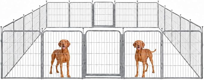 Indoor Dog Playpen - 32 inch, 20 Panels for Small and Medium Size Dogs - Play Pen w/Extra Wide Gate - Heavy Duty Metal Portable Pet Fence with Grey Anti-Rust Coating