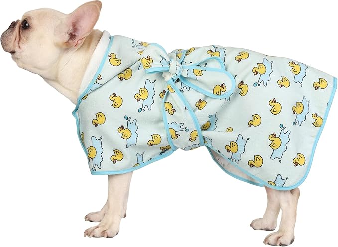 HDE Dog Bathrobe Super Absorbent Quick Drying Puppy Towel Wrap Coat Adjustable After Bath Robes with Hood for Dog Sizes S-XXL Rubber Duck Puddles M