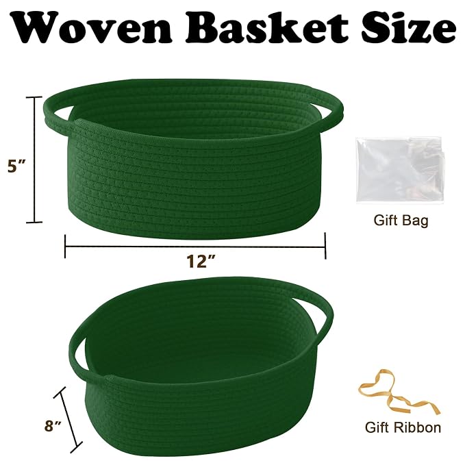 Woven Rope Basket - Baby Gift Basket with Bag & Ribbon, Green | Cotton rope with handle, 12 x 8 x 5 in, gift bag and ribbon, for baby shower, birthday, toy storage, nursery, shelf decor