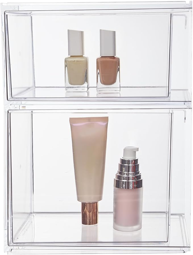 STORi Audrey Stackable Clear Bin Plastic Organizer Drawers | 2 Piece Set | Organize Cosmetics and Beauty Supplies on a Vanity | Made in USA (Pack of 3)