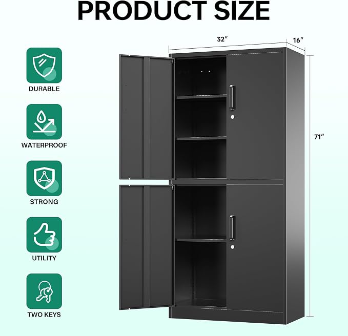 Metal Storage Cabinet with Lock Door, Adjustable Shelf Steel Cabinets for Office, Home,Pantry,Kitchen,Garage Utility Cabinet (4 Door-Black)