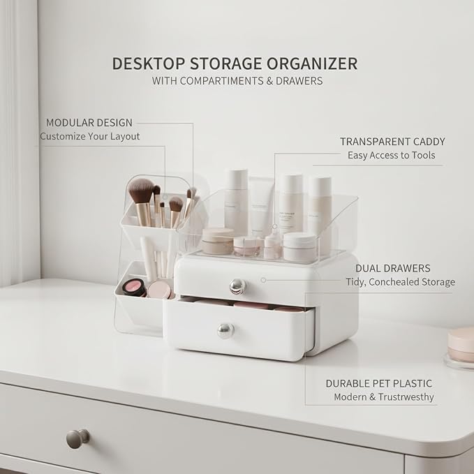 Desktop Storage Organizer with Compartments, PET Plastic Caddy for Office Supplies and Vanity Accessories, Open-Top Unit (1 PC)