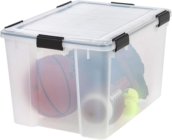 IRIS USA WeatherPro Storage Bins with Lids, 74 Qt Plastic, 4 Pack | Weather-tight gasket protects clothing, food, camping gear, tools, photos, and keepsakes from moisture, dust, and pests.