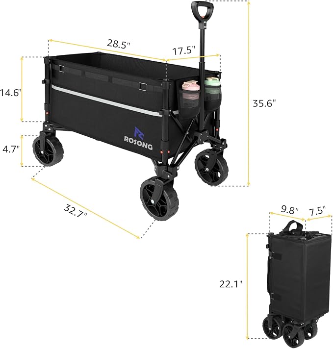 ROSONG Collapsible Wagon Cart with Wheels Foldable - Folding Utility Heavy Duty Wagons Carts for Grocery Sports Garden Shopping Camping Wheelbarrows (Black, 120L)