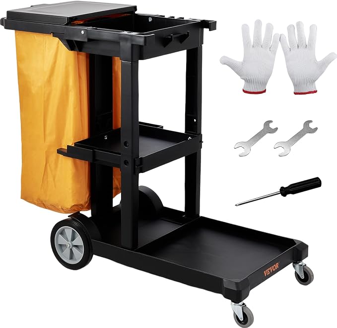 VEVOR Cleaning Cart, 3-Shelf Commercial Janitorial Cart, 200 lbs Capacity Plastic Housekeeping Cart, with 25 Gallon PVC Bag and Cover, 47 x 20 x 38.6in, Yellow&Black