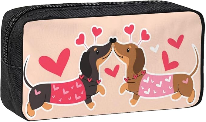Dachshund Dogs Kiss Heart Large Pencil Case, Durable Pen Bag Zipper Organizer Pouch for Office Travel for Women Men