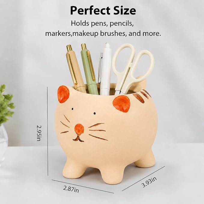 Ceramic Cat Shaped Pen Pencil Holder for Desk Decoration Accessories Cat Decor Makeup Brush Pen Cups Office School Ideal Gifts for Women, Mom or Birthdays