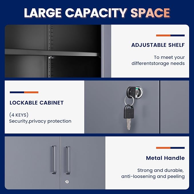 Metal Storage Locking Cabinet with 4 Doors and 2 Adjustable Shelves,71" Lockable Garage Tall Steel Cabinet,for Home Office,Living Room,Pantry,Gym,Commercial Storage (Gray Black)
