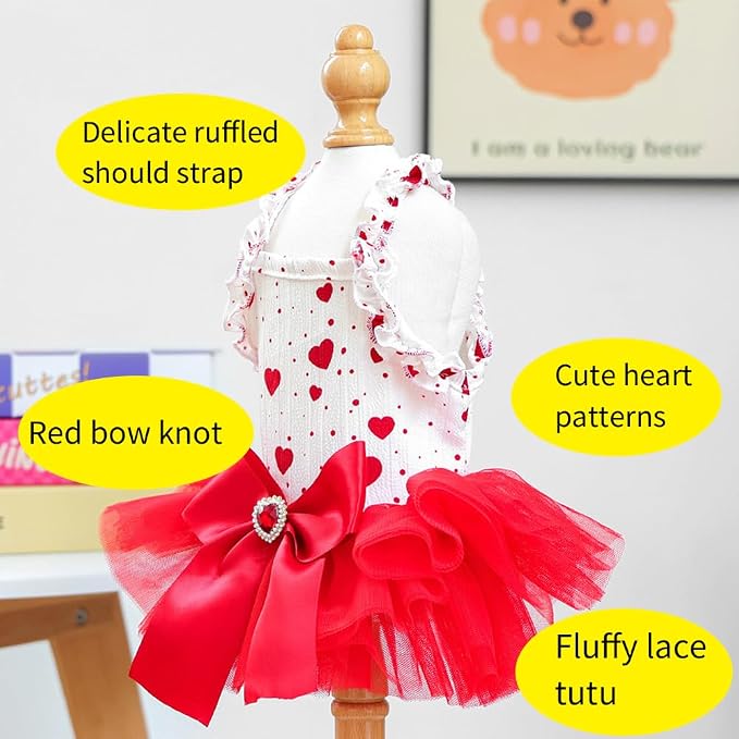Red Small Dog Dress with Heart Patterns Sleeveless Summer Puppy Clothes Girl Dog Outfit Bow Knot Cat Dresses Pet Clothes for Valentines Birthday Holiday Wedding Birthday (Red, Small)