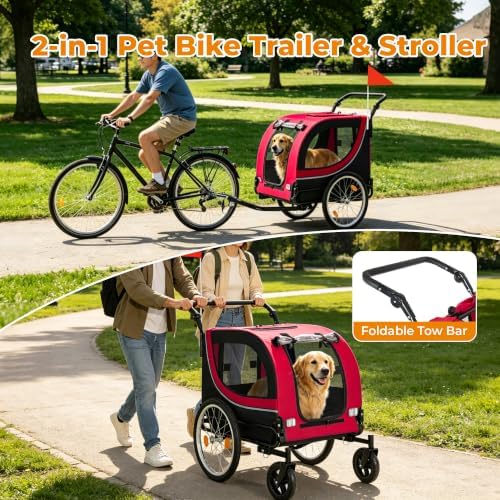 2-in-1 Pet Bike Trailer & Dog Stroller for Ebikes, Heavy-Duty Foldable | Heavy-duty powder-coated steel frame supports up to 100 lbs. 600D Oxford fabric is tear-resistant and sun-protective. Co