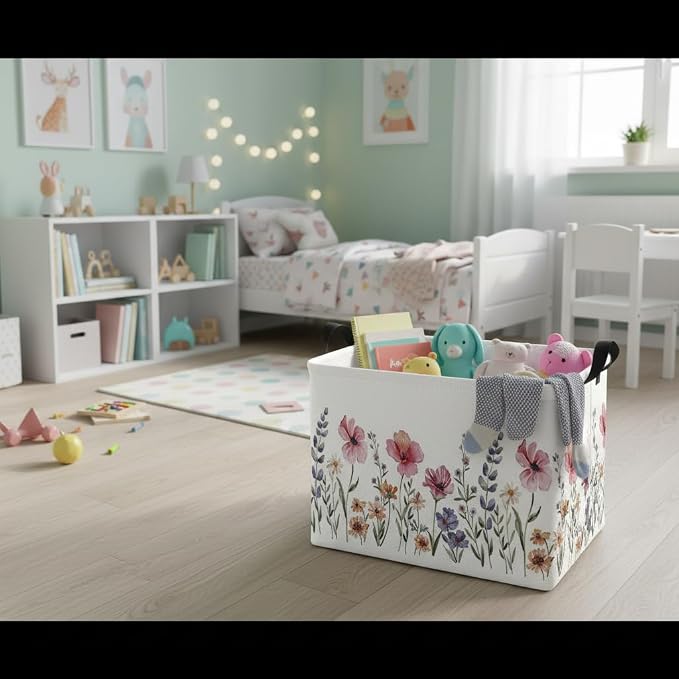 Rectangular Kids Basket Baby Girl Basket Fabric Storage Bin Organizer Box Room Decor(Flowers)