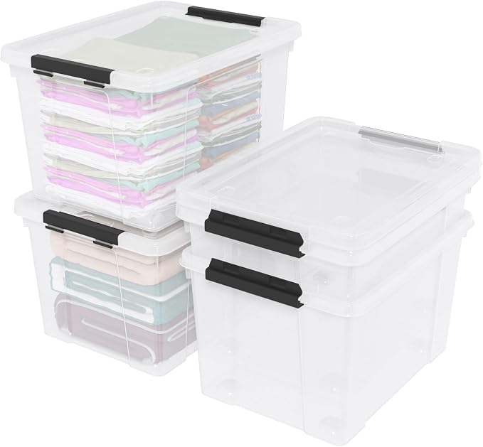 50 Quart Large Clear Plastic Storage Boxes Bin with Lid, 4 Packs | Stackable Plastic Organization Box with Wheels