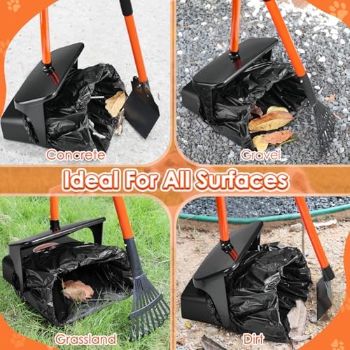 SlowTon Dog Pooper Scooper, 37.4" Long Handle Poop Scoop for Large Dogs | Adjustable, Portable, Non Breakable, with 10 Waste Bags, Swivel Large Bin & Rake & Spade Kit, for Gravel Lawn Grass