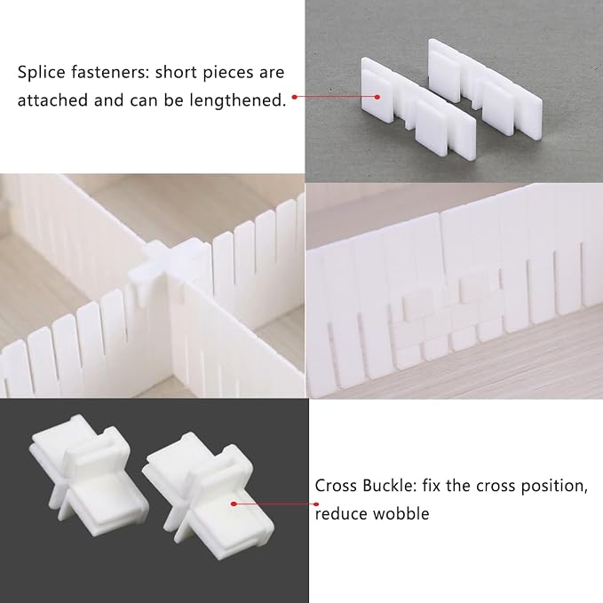 22 Pack Drawer Divider Clips Holder Plastic Mount Fixing Buckle Corner Angle Cross Connector Ends for Drawer Organizer Partition Grid Plates Separators Rail Box Installation (4 Types)