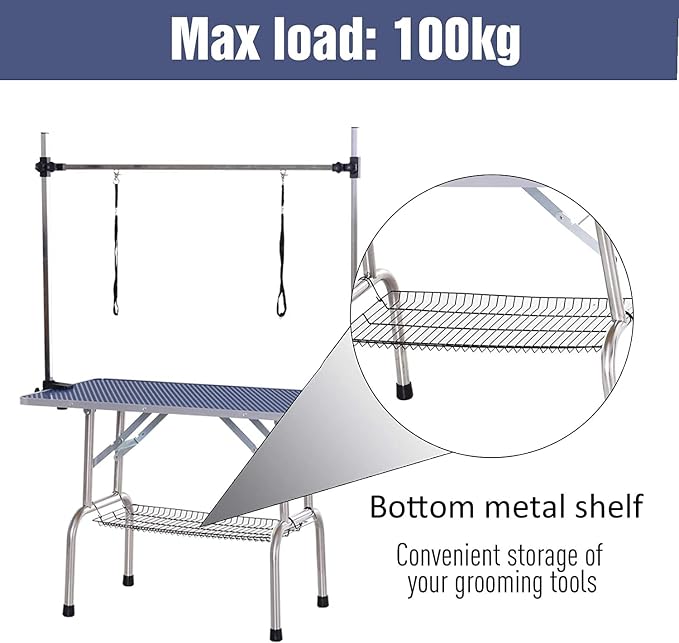 Pet Dog Grooming Table, Foldable Stainless Steel Pet Drying Grooming Table Up to 330lbs, Professional Bathing Desk for Dogs at Home with Adjustable Overhead Arms, Noose, Mesh Tray, 46''/Blue