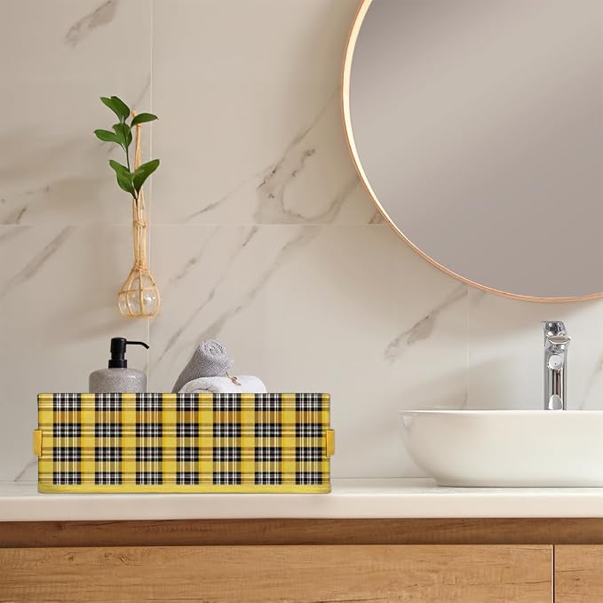 Chippendale Yellow Black Bathroom Storage Basket, Foldable with Handle Open Countertop Paper Towel Decorative Box, Toilet Tank Top Shelf Baskets for Home Closet Bedroom Living Room Offic