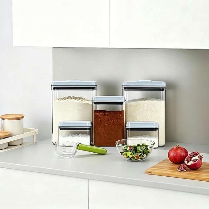 Pop Push Button Airtight Food Storage Containers Baking Set 5 Pcs | BPA-Free Stackable Canisters with Scoops – 3 Sizes for Flour, Sugar, Baking Soda, Cocoa Powder, Pantry & Baking Essentials