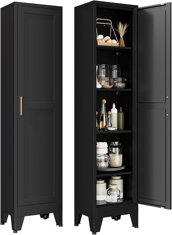 YAUWOH White Narrow Metal Storage Cabinet, Tall Freestanding Cabinet with 4 Adjustable Shelves & Barn Doors, Pantry Organizer for Bathroom Kitchen Home Office Dining Room（1PC,Black）