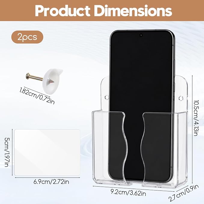2 Pack Adhesive Phone Holder Wall Mount with Charging Hole Clear Universal Phone Holder for Wall, Adhesive Backing with Screws for Installation, for Bedroom Bathroom Kitchen and Office