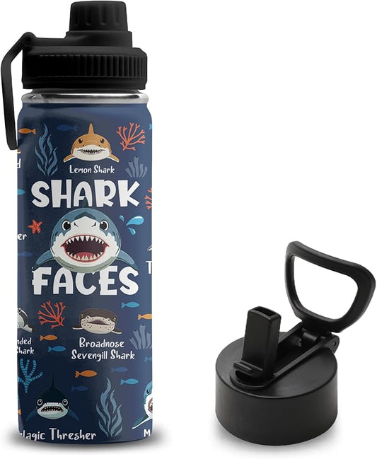 Shark Gifts for Boys, 18 oz Stainless Steel Water Bottles with 2 Lids, Insulated Water Bottle with Straw, Shark Cups for Travel Sports Outdoor, Birthday Christmas Gifts for Boys Ocean Animals Lovers