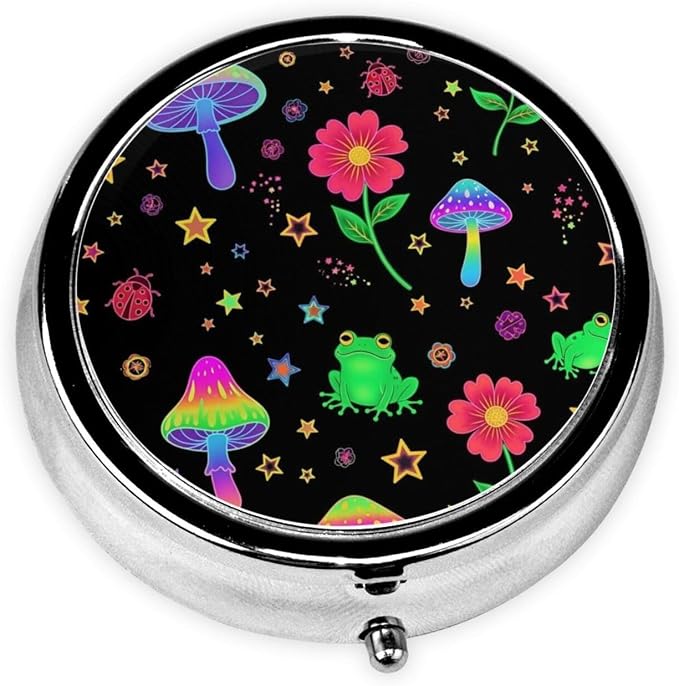 Mini Medicine Organizer, Round Pill Box Portable, 3-Section Case for Fish Oil, Travel Pill Container Purse Carry, Beautiful Magical Flowers Goth Moon Mushrooms Frogs